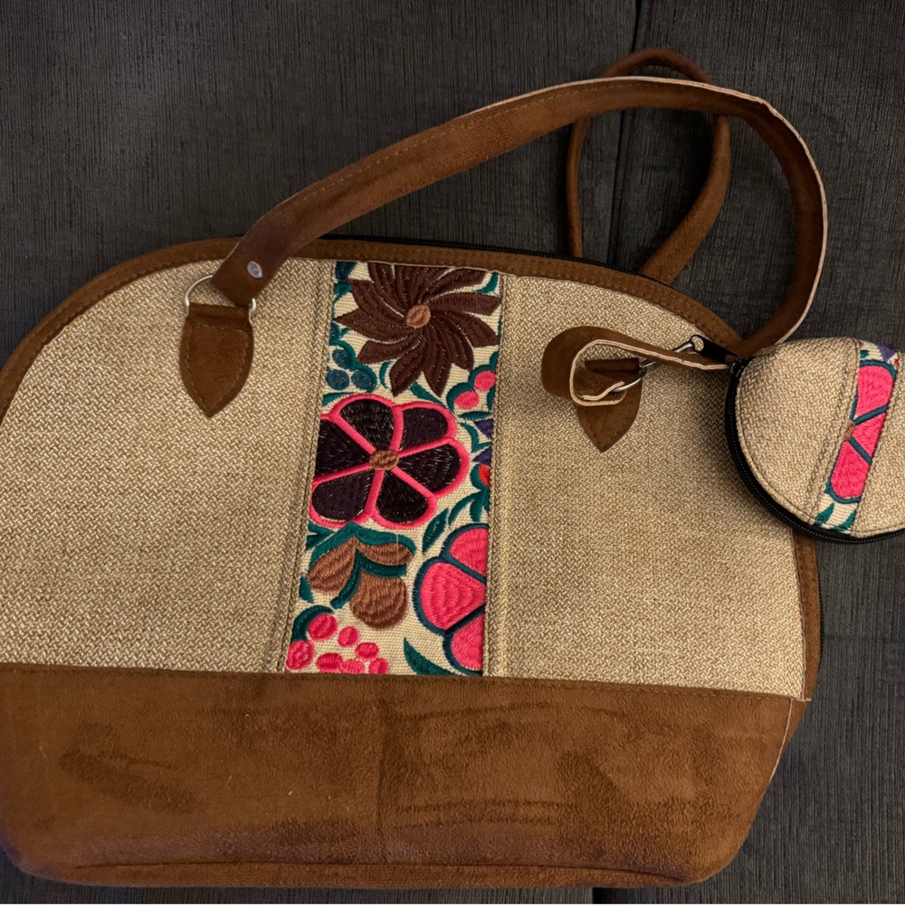 BRAND NEW velvet purse / bag and coins purse, brown and tan with flowers
